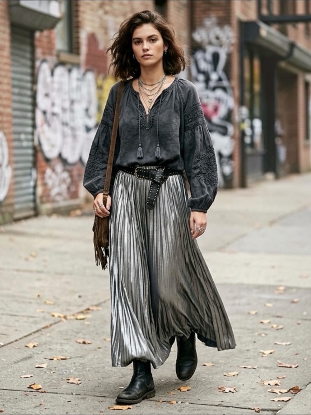 VTG Liquid Metallic Pleated Maxi Skirt Silver 80s 90s Viscose Chic